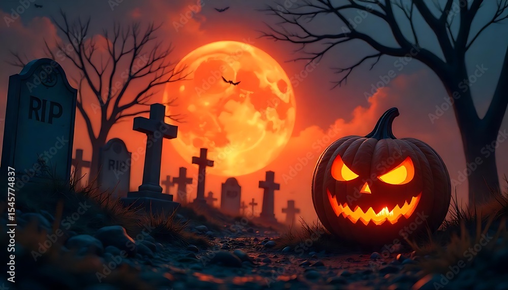 Spooky Halloween scene featuring a carved pumpkin glowing under a blood-red moon in a graveyard setting with crosses Spooky Halloween scene featuring a carved pumpkin glowing under a blood-red moon in a graveyard setting with crosses