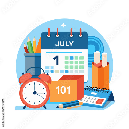 July 1st schedule planner with alarm clock and stationery