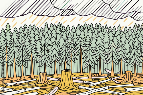Deforestation illustration, green and yellow tones, for environmental awareness campaigns