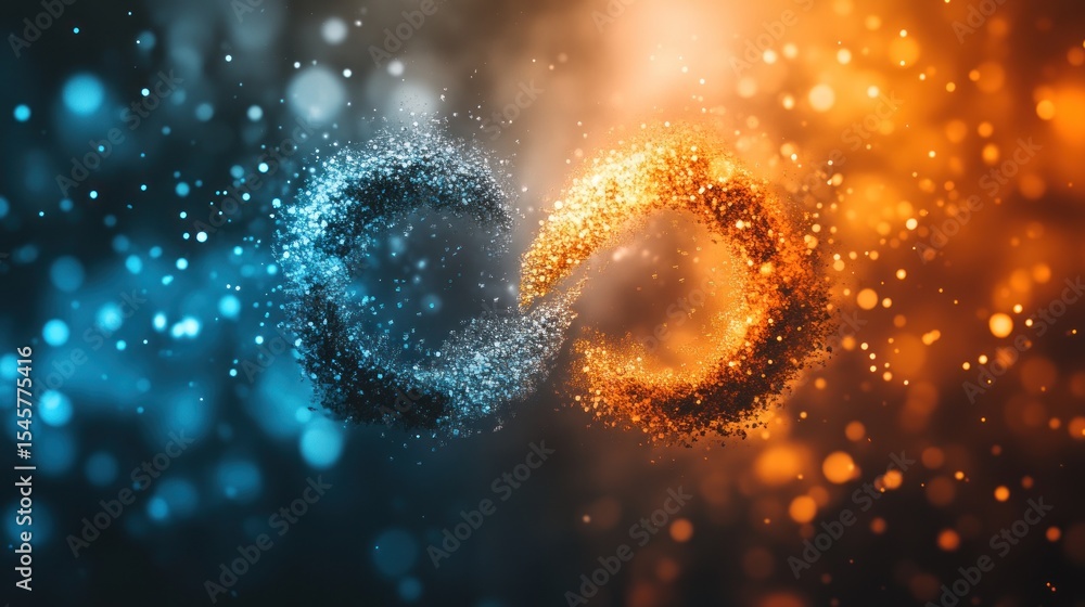 Abstract graphic design of intertwined infinity symbols, composed of blue and orange particles, against a blurred background. Abstract graphic design of intertwined infinity symbols, composed of blue and orange particles, against a blurred background.
