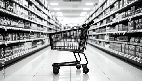 Wallpaper Mural Monochrome supermarket aisle with a shopping cart in sharp focus Torontodigital.ca