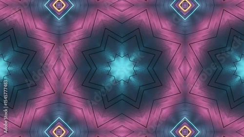 Abstract Kaleidoscope Pattern with Neon Lights and Geometric Shapes.