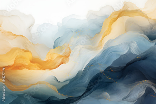 Abstract blue and orange marble imitation wave pattern with elegant golden lines on light background.