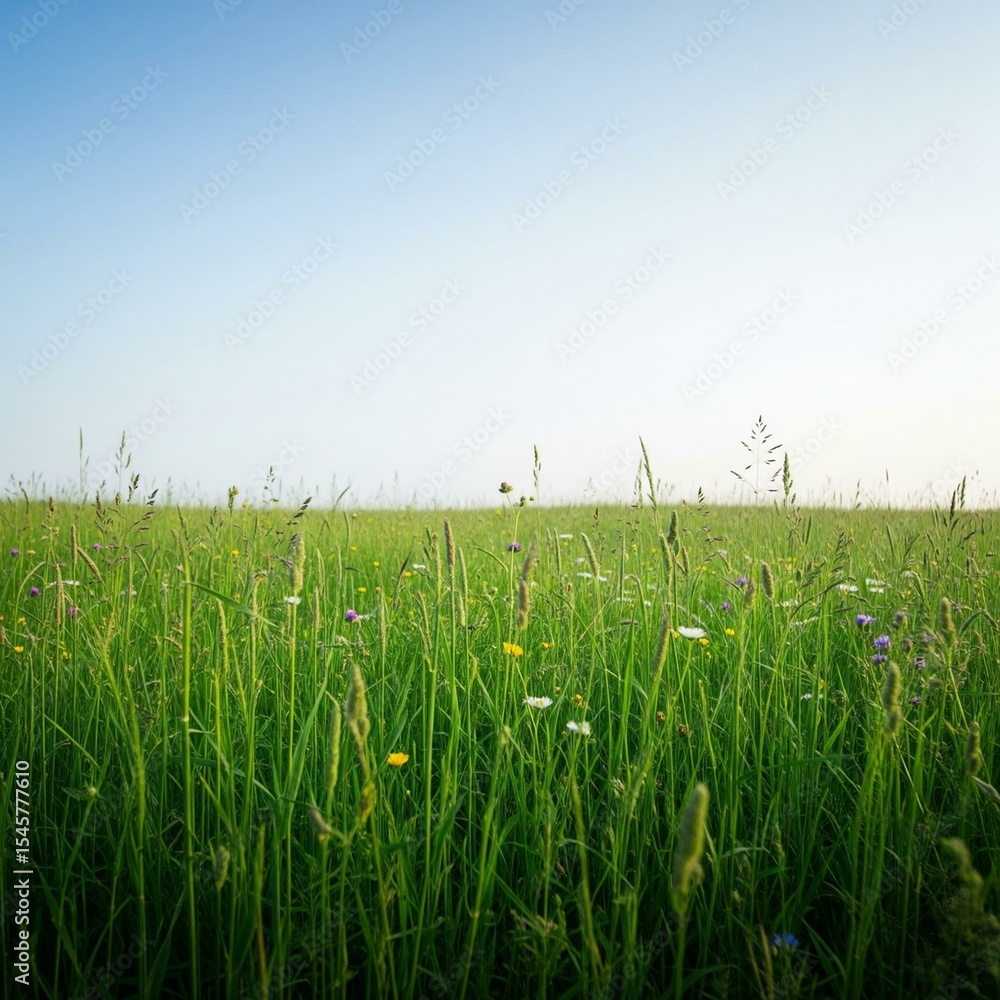 Obraz premium Meadow under a Clear Sky: A lush green meadow stretches to the horizon under a clear sky, showcasing the serenity of the countryside.