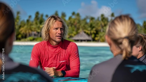 surf instructor giving surf lesson in tropical lagoon