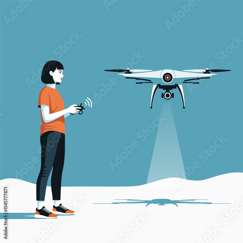 woman controlling a drone with remote, vector flat design