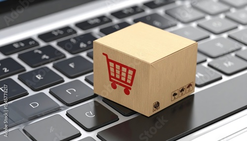Online shopping concept Cardboard box with shopping cart icon on laptop keyboard