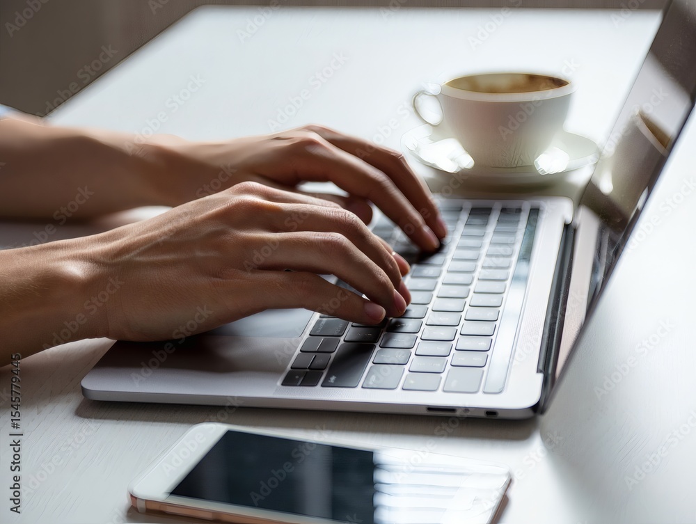 Woman's Hands Typing on Laptop Keyboard Coffee Break Productivity, Freelance Work, Remote Job, Digital Nomad Lifestyle, Online Business Woman's Hands Typing on Laptop Keyboard Coffee Break Productivity, Freelance Work, Remote Job, Digital Nomad Lifestyle, Online Business