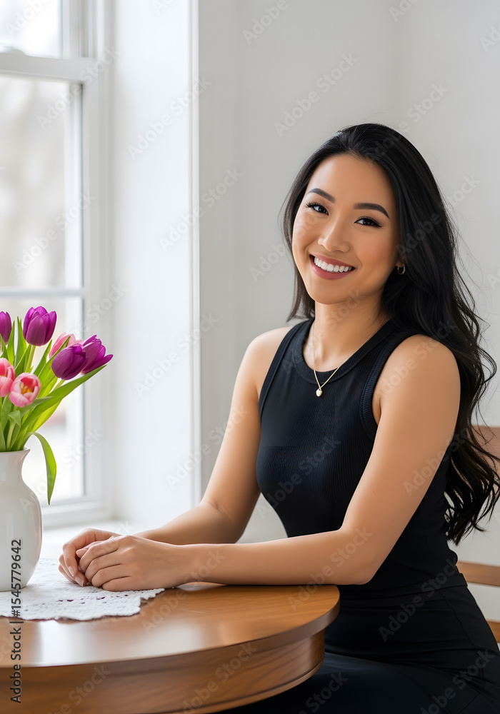 Woman with long hair and a black tank top is sitting at a table. She has a beautiful smile on her face Woman with long hair and a black tank top is sitting at a table. She has a beautiful smile on her face