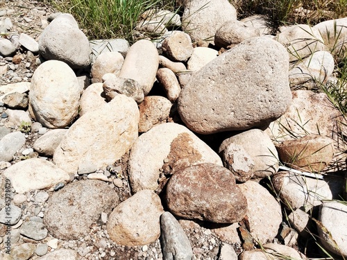 Natural river rocks, river boulder stone, or round river stones that are on the surface of grassy ground in a natural environment
