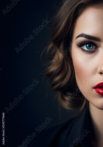 Wallpaper Mural Woman with red lipstick and blue eyes stands in front of a dark background. The image is a close up of her face, and she is looking at the camera. Scene is mysterious and intriguing Torontodigital.ca