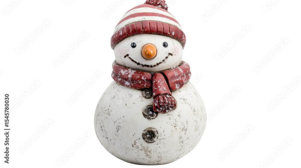 Snowman with striped winter hat and red scarf smiling isolated on white background
Snowman with striped winter hat and red scarf smiling isolated on white background