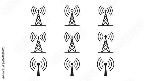 Vector Icons Set Communication Towers, Antennae, Wireless Signals, Broadcasting
