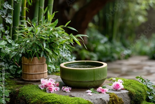 Fototapeta Naklejka Na Ścianę i Meble -  Tsukubai water basin with bamboo and pink flowers creating a zen atmosphere in a japanese garden