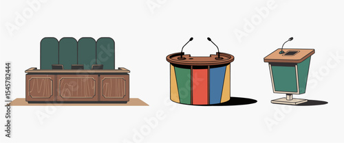 Highly Detailed Illustration of Courtroom Furniture, Judge's Bench, and Podium Lecterns for Public Speaking, Debates, and Legal Proceedings, Ideal for Presentations, Education, and Government-Related 