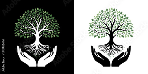 Nurturing Nature: Hands Cradling a Lush Tree with Intricate Roots, Symbolizing Growth, Environmental Protection, Care, Life, and Sustainability. Perfect for Ecology, Conservation, and Organic Themes
