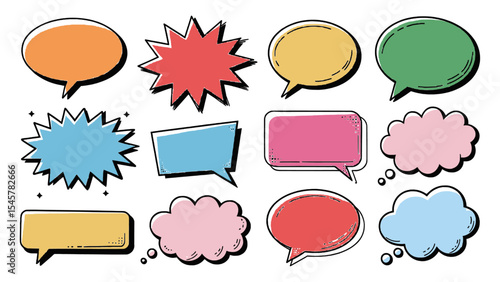 Dynamic Comic Book Style Speech Bubbles and Thought Clouds Collection with Hand-Drawn Outlines and Vibrant Colors, Ideal for Expressive Communication, Dialogue, and Creative Graphic Design Projects