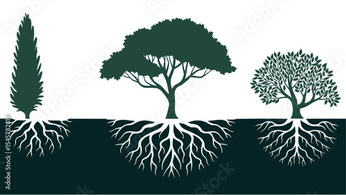 Diverse Tree Silhouettes with Exposed Root Systems, Representing Growth, Stability, Ecology, Nature, Foundation, and Interconnectedness, Ideal for Environmental, Educational, and Business Concepts