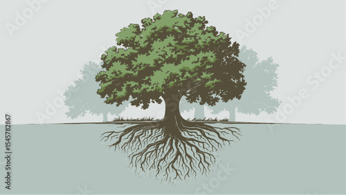 Majestic Oak Tree Illustration with Detailed Root System and Lush Green Foliage, Symbolizing Strength, Growth, Nature, Ecology, Stability, and Environmental Foundation, Ideal for Landscaping and Green