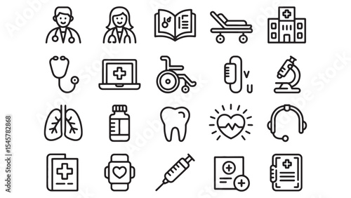 Medical Icons Healthcare, Hospital, Doctor, Patient, and Wellness Line Art Graphics