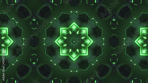 Abstract Green Kaleidoscope Pattern with Geometric Shapes and Glowing Lines.
