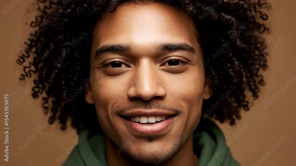 A man with curly hair smiles broadly in a portrait shot against a brown background A man with curly hair smiles broadly in a portrait shot against a brown background