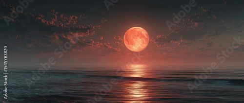 A big, red moon is visible over a gloomy