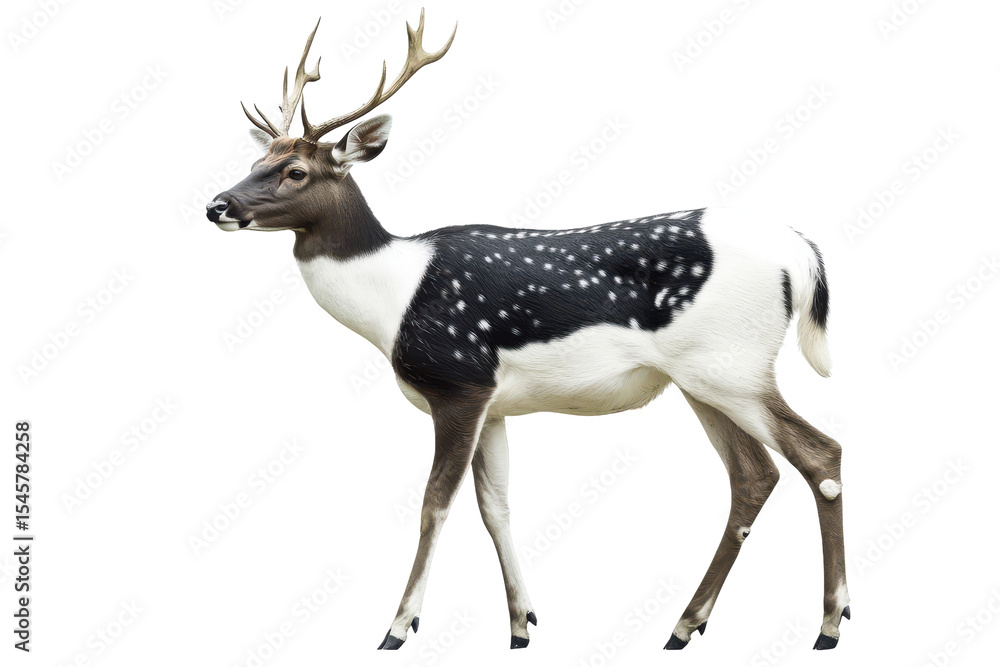 Fototapeta premium Illustration features a striking black and white deer standing gracefully in a natural pose, showcasing its unique coat patterns and majestic antlers