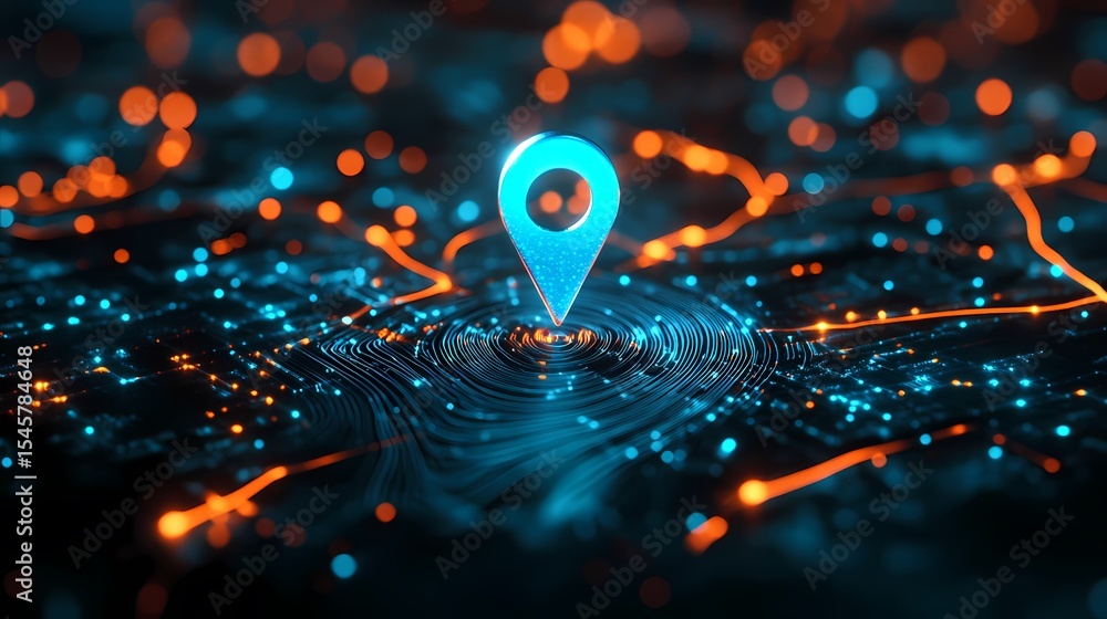 Glowing Location Pin on Abstract Network Digital Map Concept isolated on transparent background Glowing Location Pin on Abstract Network Digital Map Concept isolated on transparent background