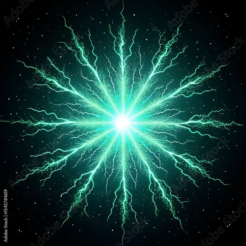 Green radial starburst with bright white-cyan center radiating electric green beams against black background, symmetrical energy burst effect