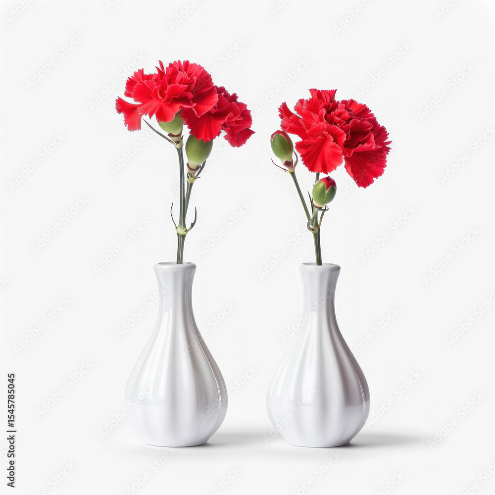 Obraz premium Two red carnations in white vases on a transparent background