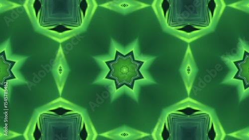 Mesmerizing Green Kaleidoscope: Symmetrical Abstract Art with Luminous Starbursts and Geometric Patterns.