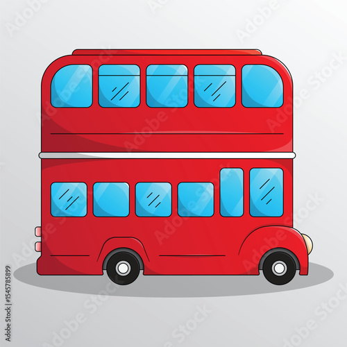 Cartoon red London double decker bus illustration. Vehicle passenger transportation. Side view flat bus tourist coach for city excursion.