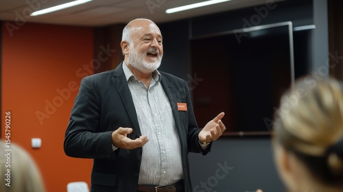 confident sales trainer delivering role-playing exercises in corporate training room