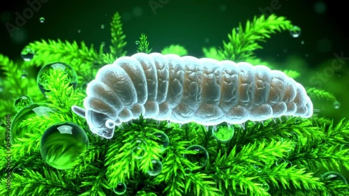 A highly detailed 3D animation of a tardigrade (also known as a water bear) moving across lush green moss under a microscope view.