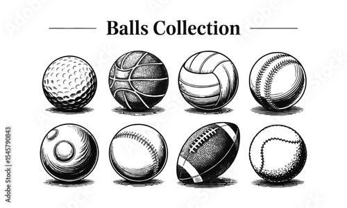 Modern vector illustration featuring a curated collection of eight different sports balls, Black and white ink drawings of eight different sports balls arranged, easily editable.