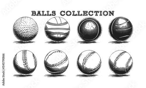 Modern vector illustration featuring a curated collection of eight different sports balls, Black and white ink drawings of eight different sports balls arranged, easily editable.