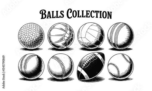 Modern vector illustration featuring a curated collection of eight different sports balls, Black and white ink drawings of eight different sports balls arranged, easily editable.