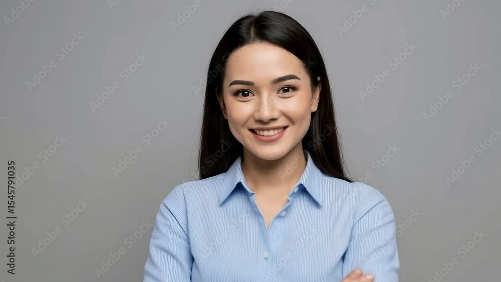 A young woman with straight dark hair smiles confidently while wearing a blue shirt and white pants isolated on gray background A young woman with straight dark hair smiles confidently while wearing a blue shirt and white pants isolated on gray background