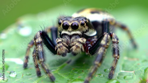 An extreme close-up video of a jumping spider with a detailed view of its eyes, legs, and body texture as it moves on a green leaf.