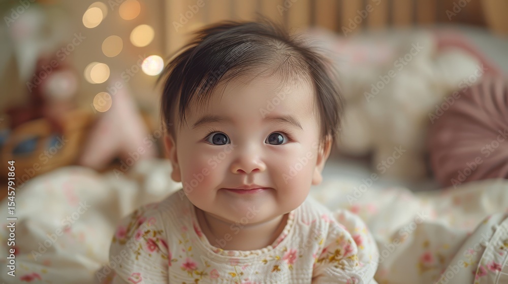a cute happy Chinese baby Girl on bed a cute happy Chinese baby Girl on bed