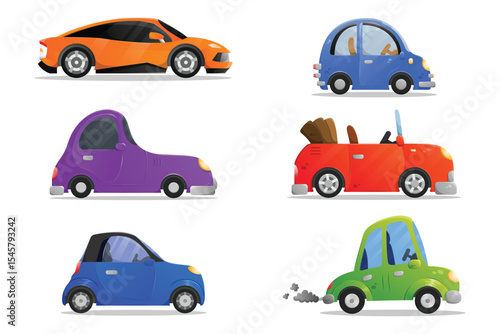 City transport passenger vehicles. Side view flat cartoon cars set. Mini Cars, sports cars, convertible cars illustration. Colorful automobiles Collection.