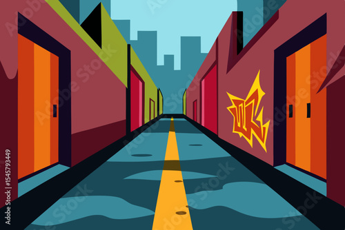 Vibrant City Alleyway Urban Graffiti Art and Architectural Details