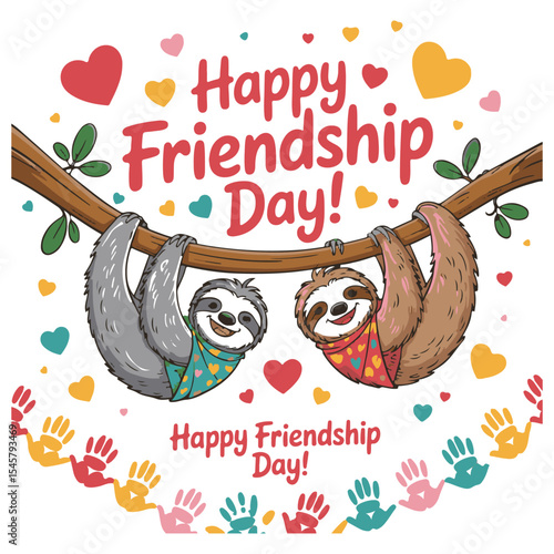 Happy Friendship Day Cute Sloths Hanging on Branch with Hearts and Handprints

