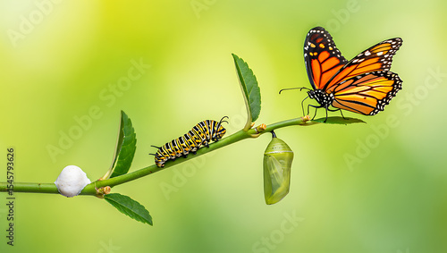 Monarch butterfly life cycle stages on branch with caterpillar chrysalis
