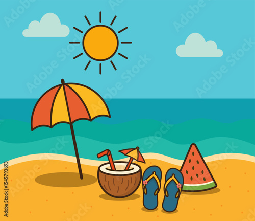 Summer Beach Scene with Coconut Drink, Umbrella, Watermelon, and Flipflop.