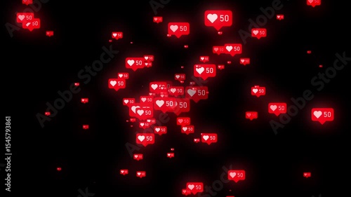 social media like counter, flying particle animation on background ,Glowing 100 Likes Notification Icons Background ,Social Media Engagement Concept, Instagram Like Icons on Black Screen
