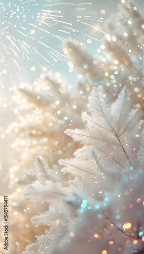 a dreamlike and radiant cinematic photograph featuring a Christmas card-inspired background with a dominant white tone