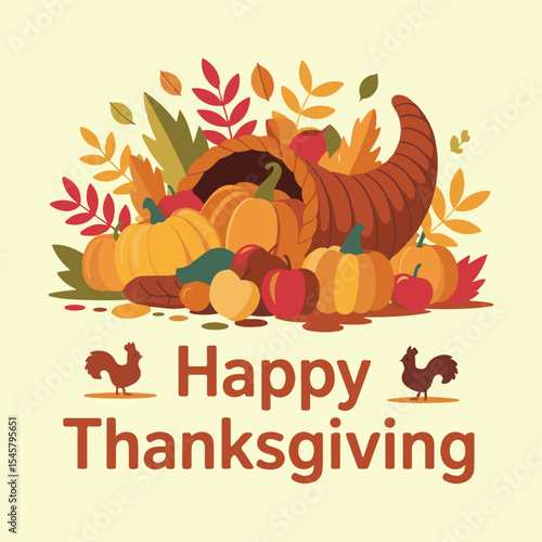 Happy Thanksgiving Cornucopia with Autumn Harvest Fruits and Vegetables

