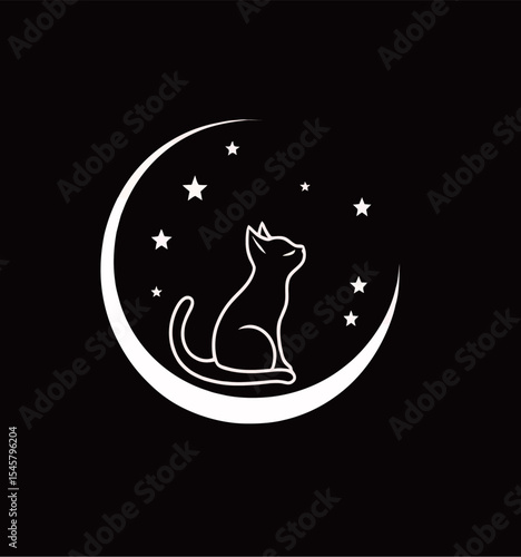 A silhouette of a cat gazing at the stars within a crescent moon.